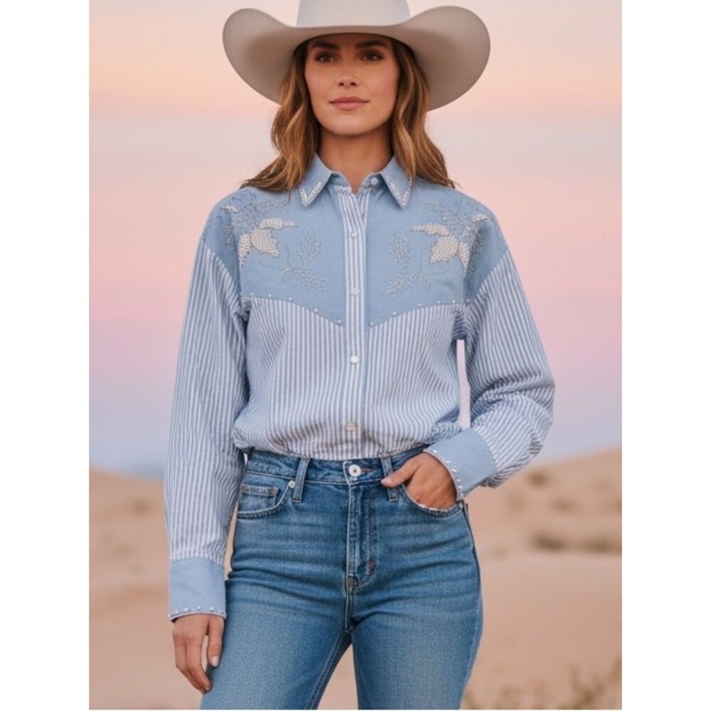 Vintage Jane Ashley Blue & White Striped Embroidered Shirt - pearl beading- 1X